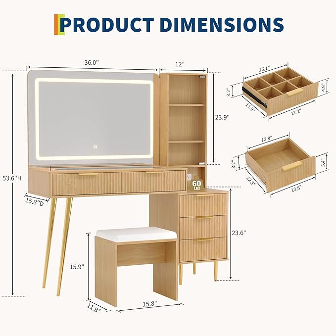 Vanity Desk with Mirror and Lights, 48" Makeup Vanity Table with 4 Drawers, 3-Shelves, Charging Station, Glass Top, 3 Color Modes & Adjustable Brightness, Modern Dressing Table Set for Bedroom - Oak