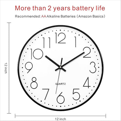 Foxtop Black Wall Clock 12 Inch Silent Non Ticking Quartz Battery Operated Round Clock Easy to Read for Office Classroom School Home Living Room Bedroom Kitchen Decor