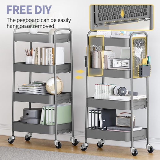 TOOLF 4 Tier Rolling Cart with Pegboard, Metal Storage Organizer Cart with Wheels, Hooks & Bins Esthetician Craft Art Sturdy Storage for Bathroom, Kitchen, Office, Nursery Diaper