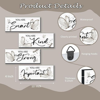 DONFENTHY 4 Pcs Butterfly Wall Decor Black Room Decor Wooden Positive Butterfly Decor with Inspirational Word Black White Grey for Women Room Bathroom Bedroom Office(Black,10x4 In)