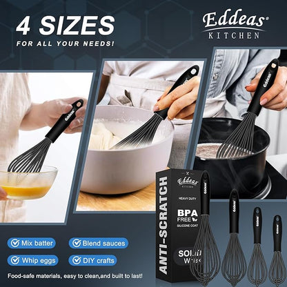 Eddeas Silicone Whisk - Non Scratch Whisks for Cooking, 500°F Heat Resistant Siliocne Wisk tool, Heavy Duty Kitchen Whisks, for Blending, Beating, set of 4 (5+7+9+11 inch) Black