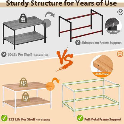 SUPER DEAL 2-Tier Industrial Coffee Table with Storage Shelf for Small Apartment Living Room, Rectangle Wood and Stable Metal TV Stand Side End Table, Natural Wood