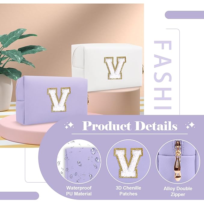 Personalized Makeup Bag Initial A-Z Preppy Patch Bag,Small PU Leather Travel Cosmetic Bag Pouch with Zipper,Purple Cute Toiletry Bag,Gift Ideal for Teen Girls Women Birthday Friend Mom,Latter V