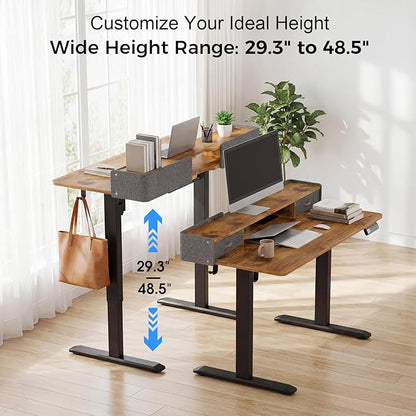 Electric Standing Desk with Drawers, 55 Inch Height Adjustable Desk with Power Outlets & LED Lights, Sit Stand Table with Monitor Stand for Home, Office, Rustic Brown