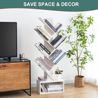 Yoobure Tree Bookshelf, 6 Tier Small Book Shelf Retro Floor Standing Bookcase, Wood Book Storage Organizer Rack, Tall Narrow Bookshelves for Corner/Bedroom/Living Room/Home Office, White