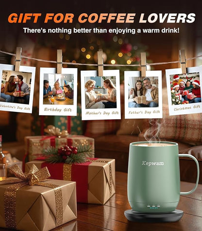 Kepwam Self Heating Coffee Mug T2, 16oz Smart Heated Coffee Mug, 150 Min Battery Life - Hot up to 149℉ Temperature Control Coffee Mug Warmer, Gifts for Dad Mom (No APP)
