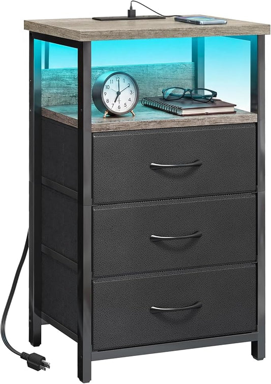 Fixwal Night Stand with Charging Station, LED Nightstand with Fabric Drawers, End Table with PU Finish, Bed Side Table, French Oak