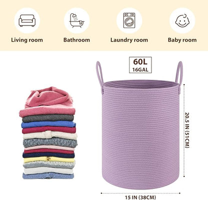 OIAHOMY Large Laundry Basket Hamper - 60L Cotton Rope Woven Basket for Blankets, Toys, Clothes - Tall Decorative Nursery Hamper with Long Handles, Purple