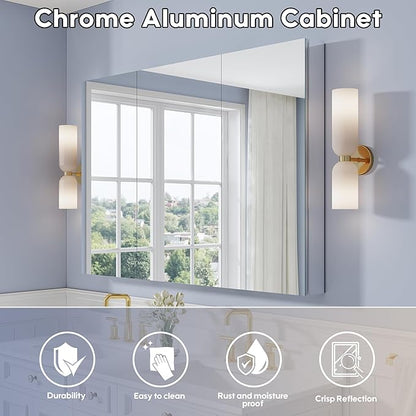 WELLFOR 52" x 36" Bathroom Medicine Cabinet with Mirror, Anodized Chrome Aluminum Frame, Surface Mount or Recessed Medicine Cabinet with Mirror, Bathroom Mirror with Storage, Three Doors