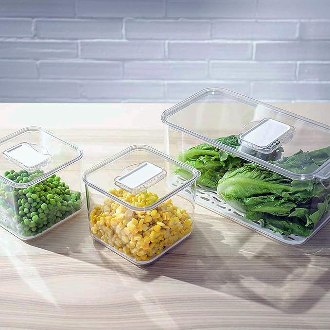 Produce Saver Containers for Refrigerator 3 Pack, Stackable Plastic Fridge Food Fruit Vegetables Storage Bins with Vented Lids, Clear Freezer Fresh Keeper Organizers and Storage Container Set
