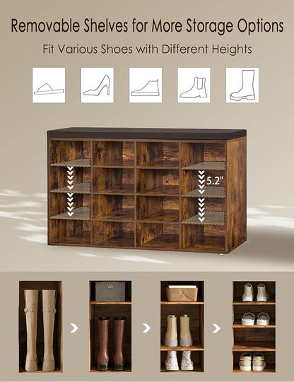 DINZI LVJ Shoe Storage Bench with Cushion, 16-Cubby Shoe Rack, Adjustable Shelves, Multifunctional Shoe Organizer Bench for Entryway, Mudroom, Hallway, Living Room, Bedroom and Garage, Rustic Brown