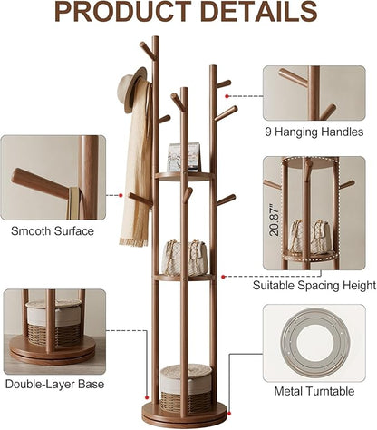 Solid Wood Rotary Coat Rack, Freestanding Coat Rack with 3 Shelves and 9 Hooks, Coat tree for Bedroom, Entryway, Livingroom, Coat Hanger Stand for Coats, Scarves, Handbags (Walnut)