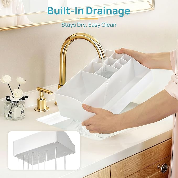 Vtopmart 5 PCS Bathroom Countertop Organizer, 1 Divided Tray with 4 Qtip Holder Jars, Restroom Clear Organizers for Toothbrush, Cotton Pads Balls, Floss, Bathroom Vanity Accessories Storage Set, White