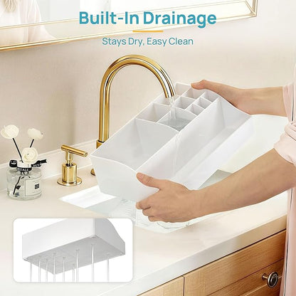 Vtopmart 5 PCS Bathroom Countertop Organizer, 1 Divided Tray with 4 Qtip Holder Jars, Restroom Clear Organizers for Toothbrush, Cotton Pads Balls, Floss, Bathroom Vanity Accessories Storage Set, White