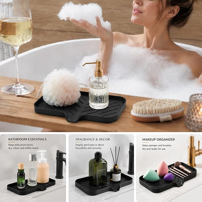 MicoYang Silicone Soap Dish with Drain Spout — Self-Draining Sink Organizer Tray for Bathroom & Kitchen, Sponges, Dispensers & Soap Holder, Non-Slip & Dishwasher Safe, Black (Medium, 9.6"×5.3")