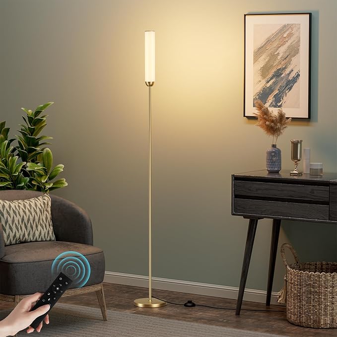 Ambimall LED Floor Lamp with Remote Control, 65" Standing lamp with Stepless Adjustable 3000K-6500K Colors & 30-100% Brightness, Foot Switch(Gold) (Pack of 2)