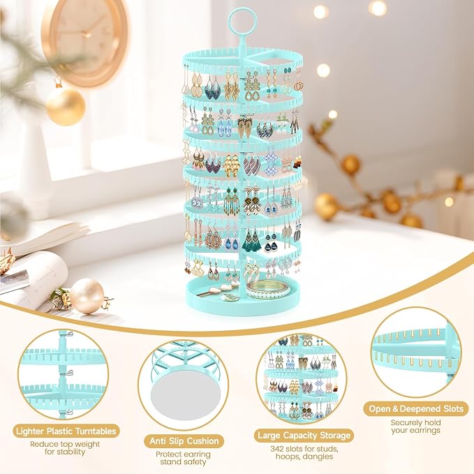 MODOWEY 6 Tier Rotating Earring Holder Organizer Display Tree with Metal Tray, Adjustable Plastic Stand with 342 Slots for Stud Hoop Hanger, Large Capacity Storage Rack for Women Space-Saving, Blue