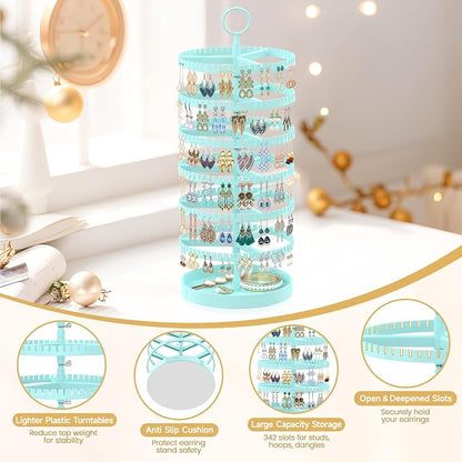 MODOWEY 6 Tier Rotating Earring Holder Organizer Display Tree with Metal Tray, Adjustable Plastic Stand with 342 Slots for Stud Hoop Hanger, Large Capacity Storage Rack for Women Space-Saving, Blue