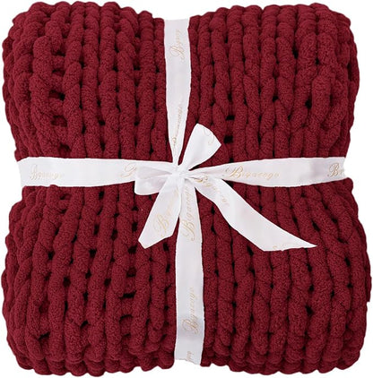 Bigacogo Chunky Knit Throw Blanket for Couch, 40x60 inches, 100% Hand Knitted with Thick Jumbo Chenille Yarn, Cozy Soft Large Rope Knot Cable Crochet Blankets for Sofa Bed Living Room, Red