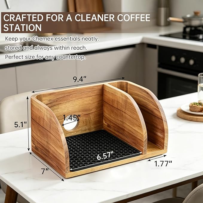 Acacia Wood Coffee Bar Station Organizer Stand, Wooden Pour Over Maker Caddy Storage Organizers, Coffee Filter Holder for Countertop with Heatproof Mat (9.4*7*5.1 inch) Glass Coffee Maker not included