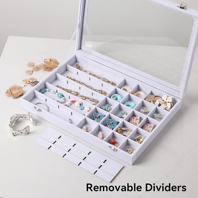 Frebeauty 40 Grid Jewelry Tray,Adjustable Earring Holder Organizer with Glass Lid,Velvet Drawer Jewelry Organizer for Rings,Studs,13.8 x 9.5 x 2 Inches Jewelry Display Box,Gift for Women(White)