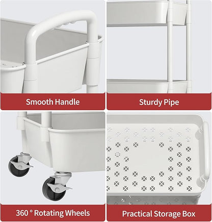 Sywhitta 4-Tier Plastic Rolling Utility Cart with Handle, Multi-Functional Storage Trolley for Office, Living Room, Kitchen, Movable Storage Organizer with Wheels, White