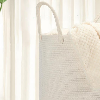 58L Cotton Rope Laundry Basket (20"x15"),Woven Basket for Storage Dirty Clothes Basket for Laundry, Living Room, Nursery, Bedroom Rope Storage Basket for Blankets（White）