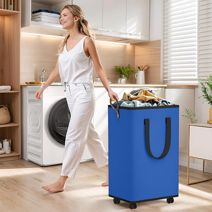 SpaceTrove Laundry Basket with Wheels, Collapsible Laundry Baskets, Laundry Hamper with Handles Detachable Wheels, Rolling Laundry Basket, Dirty Clothes Hamper for Bathroom, Dorm, Bedroom, Blue, 100L