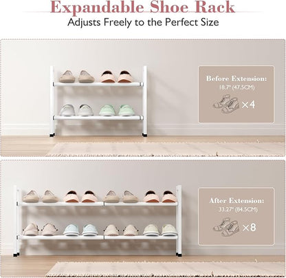 Bumusty 2-Tier Expandable Shoe Rack for Closet, 18“-33” Adjustable Shoe Rack for Small Space, Small Shoe Organizer for Front Door, Sturdy Metal, White