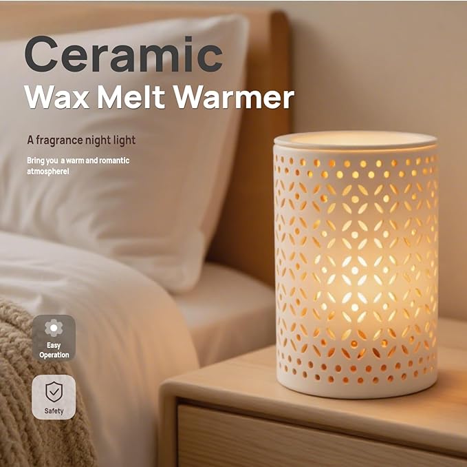 ASAWASA Ceramic Wax Melt Warmer with Timer and Silicone Dish,Candle Wax Warmer for Scented Wax & Essential Oils,Ideal Gift for Home Office Kitchen(Long White)