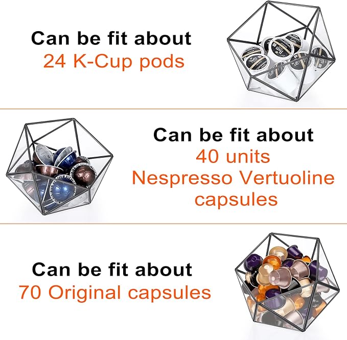 ELLDOO Black Glass Coffee Pods Holder, 15 Sided Geometric Box Coffee Pod Organizer for K Cup Espresso, Tea Bags Sugar Packets Storage Holder for Kitchen Coffee Bar Office Counter