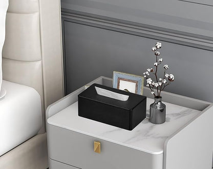 GOLRANLYE Tissue Box Cover Rectangular 9.8"(L) x 5.3"(W) x 4.3"(H) Refined Modern PU Leather Facial Tissue Dispenser Box Holder for Dresser Bathroom Decorative (Black)