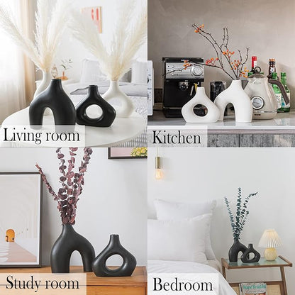 BLACK Ceramic Vase Set of 2 for Modern Home Decor, Round Matte Donut Vases for Pampas Grass, Neutral Boho Nordic Minimalism Style Flower Vases for Living Room Wedding Dinner Table Party Office Bedroom