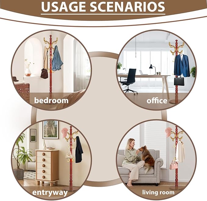 Solid Wooden Coat Rack Stand, Coat Racks Freestanding with 14 Hooks, Natural Birch Wood Coat stands with Sturdy Round Base, Tree Coat Hanger Standing for Entryway Bedroom Office (Begonia)