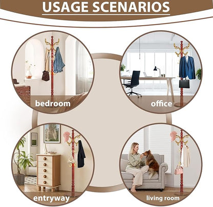 Solid Wooden Coat Rack Stand, Coat Racks Freestanding with 14 Hooks, Natural Birch Wood Coat stands with Sturdy Round Base, Tree Coat Hanger Standing for Entryway Bedroom Office (Begonia)