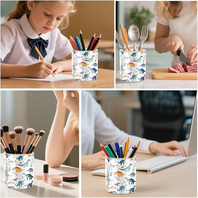 WAVEYU Pen Holder, Pencil Cup for Desk, Cute Makeup Brush Holder, Durable Ceramic Organizer Decor for Room, Office, Classroom, Cute Dinosaur Pattern