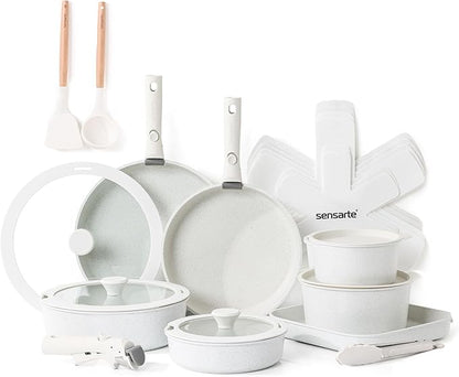 SENSARTE 24 Piece Pots and Pans Set, Nonstick Detachable Handle Cookware, Induction Kitchen Cookware Set with Removable Handle, Healthy Non Stick for RV, Dishwasher ＆ Oven Safe (White)
