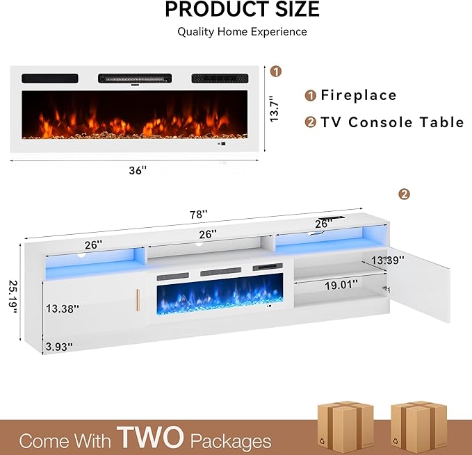 MXV 78" Fireplace TV Stand with Power Outlet for TVs UP to 90", Electric Fireplace Entertainment Center with LED Lights & Storage Cabinets, TV Console for Living Room, Office, White-White