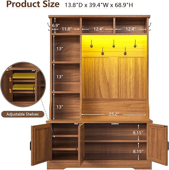 Hall Tree with Bench and Shoe Storage, Farmhouse Entryway Bench with Coat Racks and Led Lights, Tall Hall Tree with 7 Coat Hooks, 6 Storage Cubbies, Adjustable Shelf