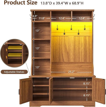 Hall Tree with Bench and Shoe Storage, Farmhouse Entryway Bench with Coat Racks and Led Lights, Tall Hall Tree with 7 Coat Hooks, 6 Storage Cubbies, Adjustable Shelf