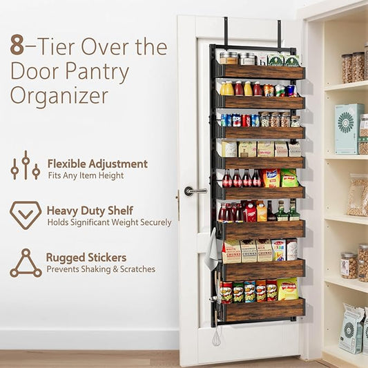 Over the Door Pantry Organizer: Pantry Organization and Storage with Hanging Basket - 8-Tier Adjustable Shelves Metal Spice Rack for Kitchen Laundry Room Bedroom & Bathroom