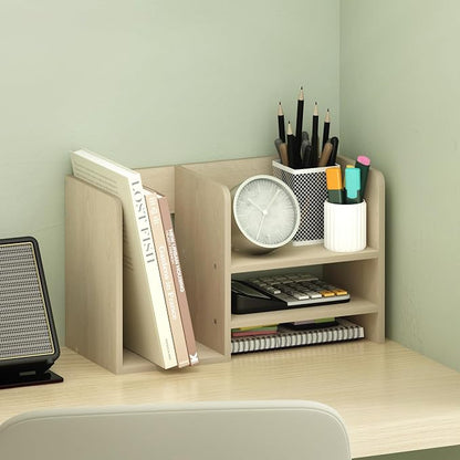 Furinno Hermite Desk Organizers, Office Organization with Accessories and Vertical File Holder, Desktop Book Shelf, for Office Supplies, Desk Accessories, for Study Room, Dorm, Natural Oak