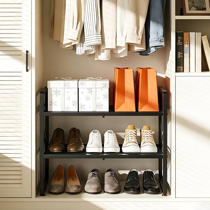 ELYKEN Shoe Rack, 4-Tier Expandable Shoe Organizer for Entryway, Metal Black Shoe Shelf with 4 Hooks, Adjustable Shoe Stand Holder for Closet, Garage, Door Entrance