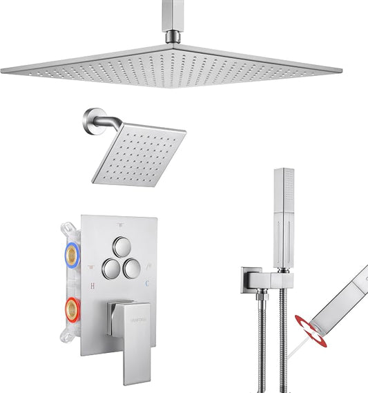 VANFOXLE Shower Faucet Set Brushed Nickel Shower System, Push Button Diverter Shower Faucet with Trim Kit, Ceiling Mount 12 Inch Shower Head Increased Thick, 6 Inch Side Shower Head, 2-in-1 Handheld