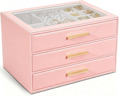 GUOER Jewelry Box for Women, Glass Lid Jewelry Organizer with 3 Drawers PU Jewelry Storage Case for Necklaces Rings Earrings Bracelets (Pink)