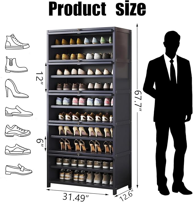 Tall Bamboo Shoe Cabinet with Doors, 10-Tier Shoe Rack for Closet, Freestanding Shoe Storage Cabinet for Hallway Living Room (Grey-05)