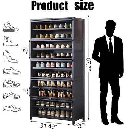 Tall Bamboo Shoe Cabinet with Doors, 10-Tier Shoe Rack for Closet, Freestanding Shoe Storage Cabinet for Hallway Living Room (Grey-05)