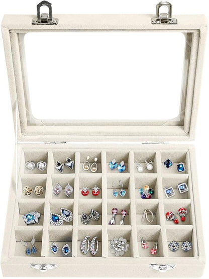 Velvet Jewelry Box 24 Grid Jewelry Earrings Display Organiser Box Ring Tray Holder Earrings Storage Case for Girls Women Wife Mom (Beige)