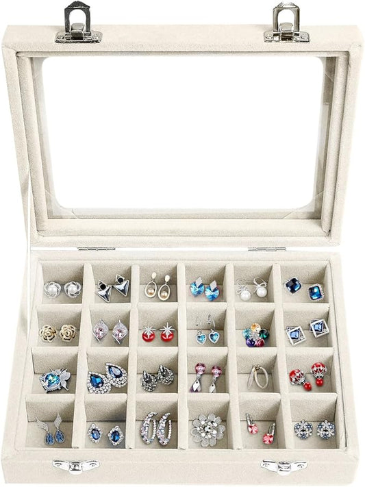 Velvet Jewelry Box 24 Grid Jewelry Earrings Display Organiser Box Ring Tray Holder Earrings Storage Case for Girls Women Wife Mom (Beige)