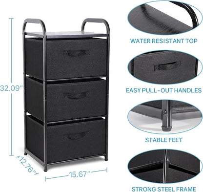 MAX Houser Dresser Storage with 3 Easy Pull Fabric Drawers, Fabric Dresser Tower,Vertical Storage Unit for Bedroom,Chest of Drawers with Metal Frame, Wooden Tabletop, for Living Room, Closet (Black)